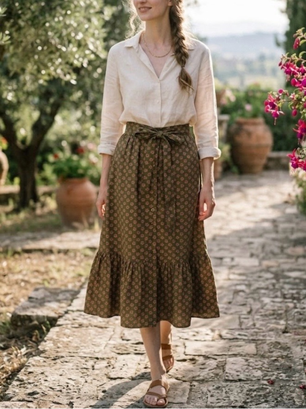 New Tulip B Olive green Floral A-Line Skirt with Button Front Modern Vintage